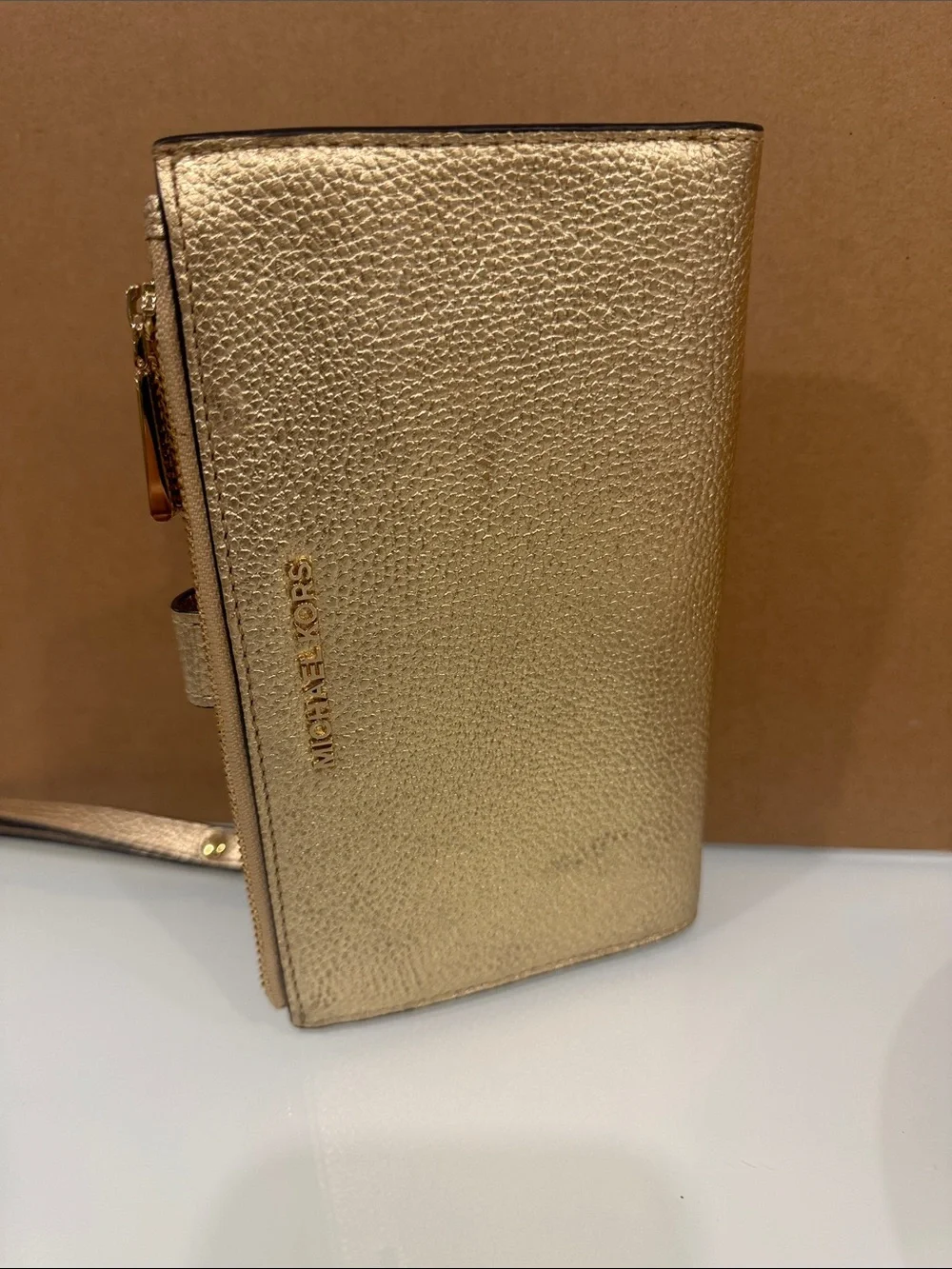 Michael Kors Metallic Gold Leather Wristlet Clutch new with tag women